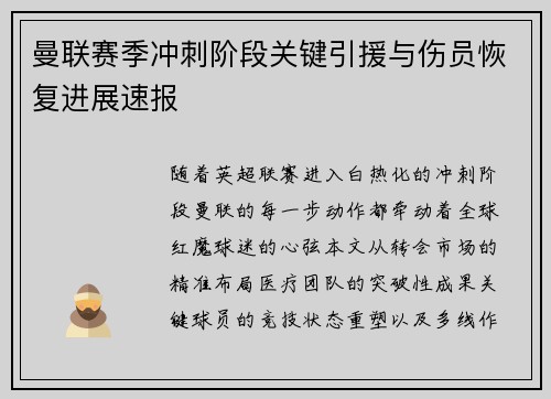 曼联赛季冲刺阶段关键引援与伤员恢复进展速报
